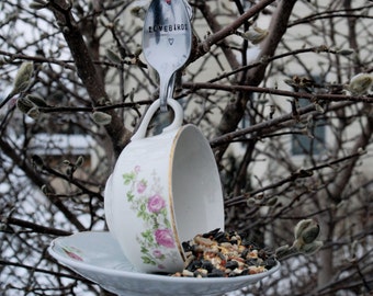 Teacup Bird Feeder with Hand Stamped Bent Spoon-LOVEBIRDS- Perfect Anniversary/Wedding Gift