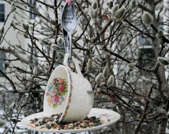 Teacup Bird Feeder with Hand Stamped Bent Spoon-Love You Birdie Much- Perfect Gift