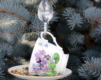 Teacup Bird Feeder with Hand Stamped Bent Spoon-NO SQUIRRELS ALLOWED-