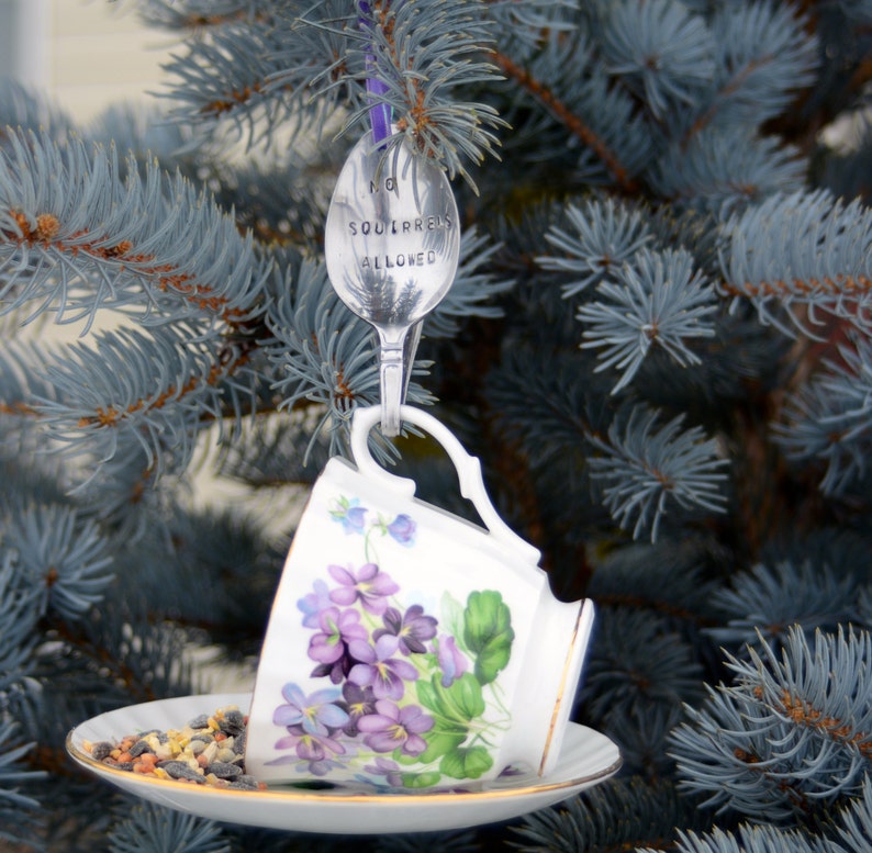 Teacup Bird Feeder with Hand Stamped Bent Spoon-NO SQUIRRELS ALLOWED image 1