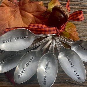 GIVE THANKS silver plate Napkin Holder Vintage Hand Stamped Bent Spoons Set of 6-Perfect for the Thanksgiving Table image 1