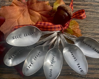 GIVE THANKS  silver plate Napkin Holder Vintage Hand Stamped Bent Spoons Set of 6-Perfect for the Thanksgiving Table