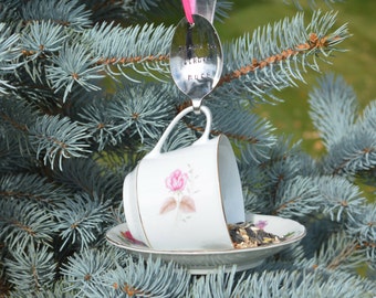 Tea Cup Bird Feeder with Hand Stamped Bent Spoon- Thank You Birdie Much- Perfect  Thank You Gift