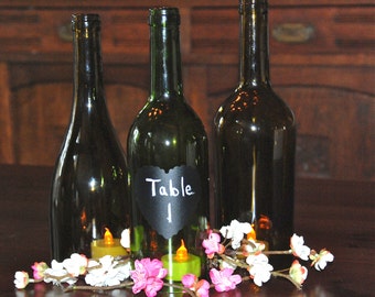 3 Wine Bottle Hurricanes with Heart Shaped Chalkboard Label-Perfect Rustic Wedding Centerpiece/Table Number