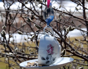 Teacup Bird Feeder with Hand Stamped Bent Spoon- #TWEET ME- Perfect Gift for Spring