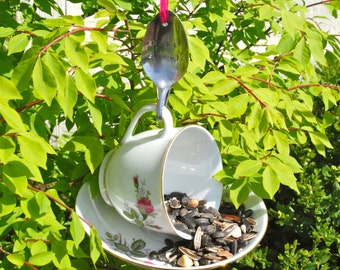 Teacup Bird Feeder with Hand Stamped Bent Spoon- Here Birdie- Perfect Gift