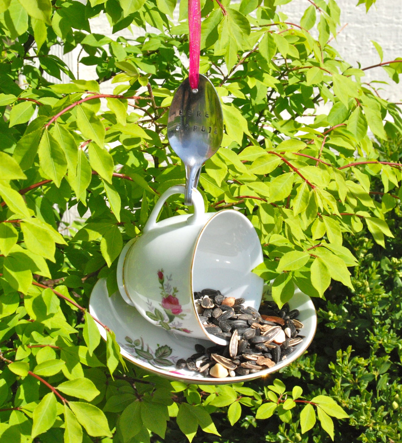 Teacup Bird Feeder With Hand Stamped Bent Spoon Here Birdie Etsy