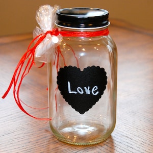 Quart size Mason Jar with Heart Shaped Chalkboard Label, Black Lid and Chalk image 1