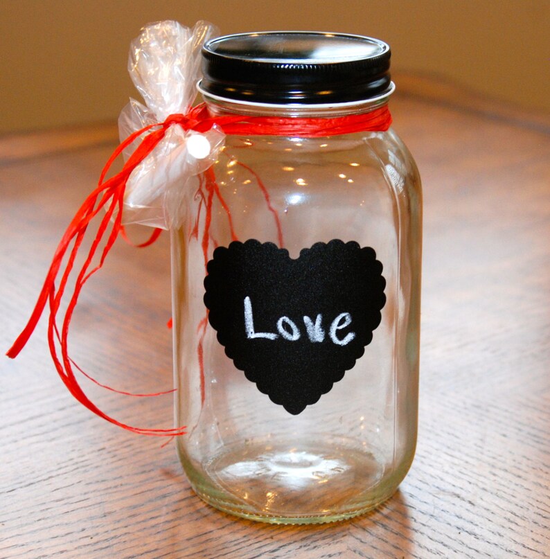 Quart size Mason Jar with Heart Shaped Chalkboard Label, Black Lid and Chalk image 1