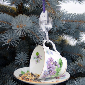 Teacup Bird Feeder with Hand Stamped Bent Spoon-NO SQUIRRELS ALLOWED image 3