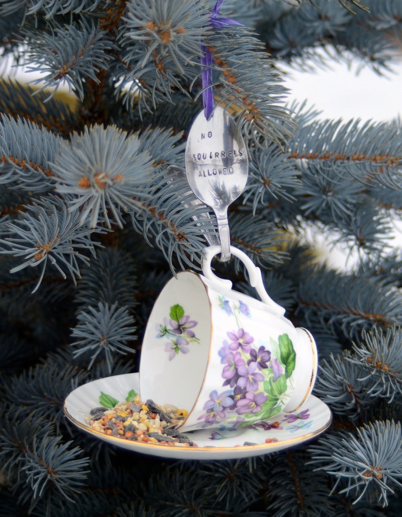 Teacup Bird Feeder with Hand Stamped Bent Spoon-NO SQUIRRELS ALLOWED image 3