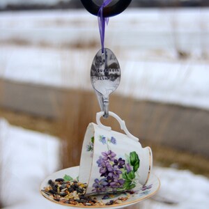 Teacup Bird Feeder with Hand Stamped Bent Spoon-NO SQUIRRELS ALLOWED image 2