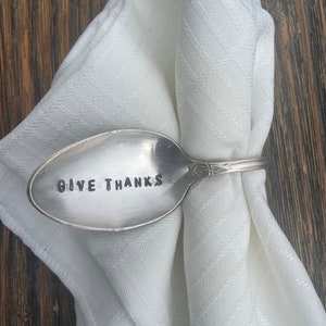 GIVE THANKS silver plate Napkin Holder Vintage Hand Stamped Bent Spoons Set of 6-Perfect for the Thanksgiving Table image 2