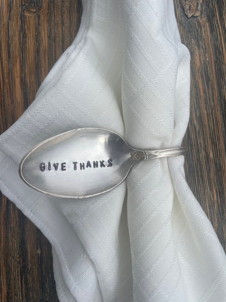 GIVE THANKS silver plate Napkin Holder Vintage Hand Stamped Bent Spoons Set of 6-Perfect for the Thanksgiving Table image 2