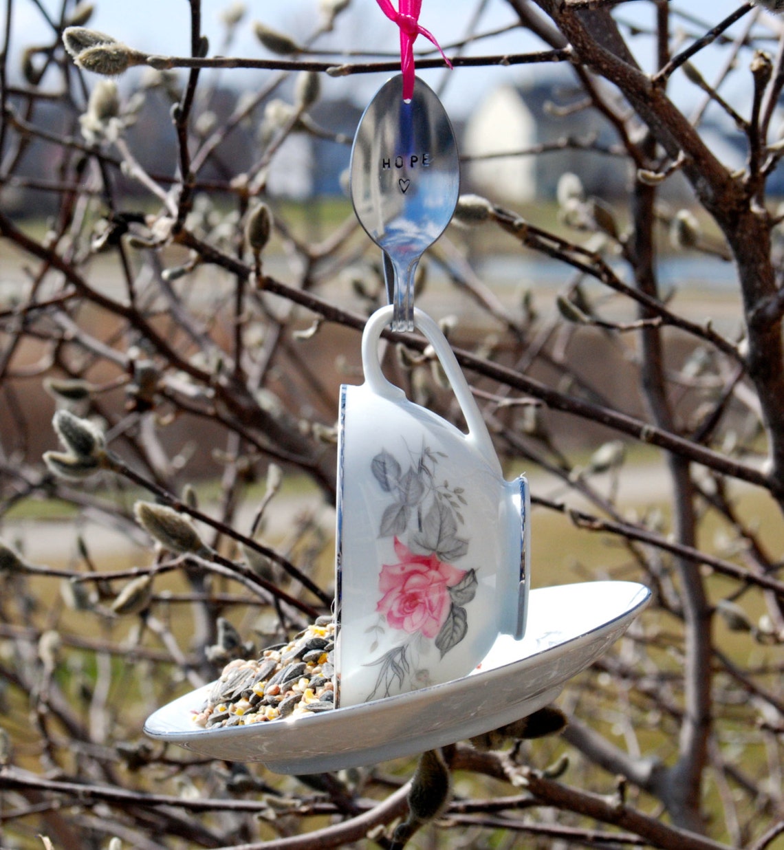 Teacup Bird Feeder With Hand Stamped Bent Spoon HOPE Etsy