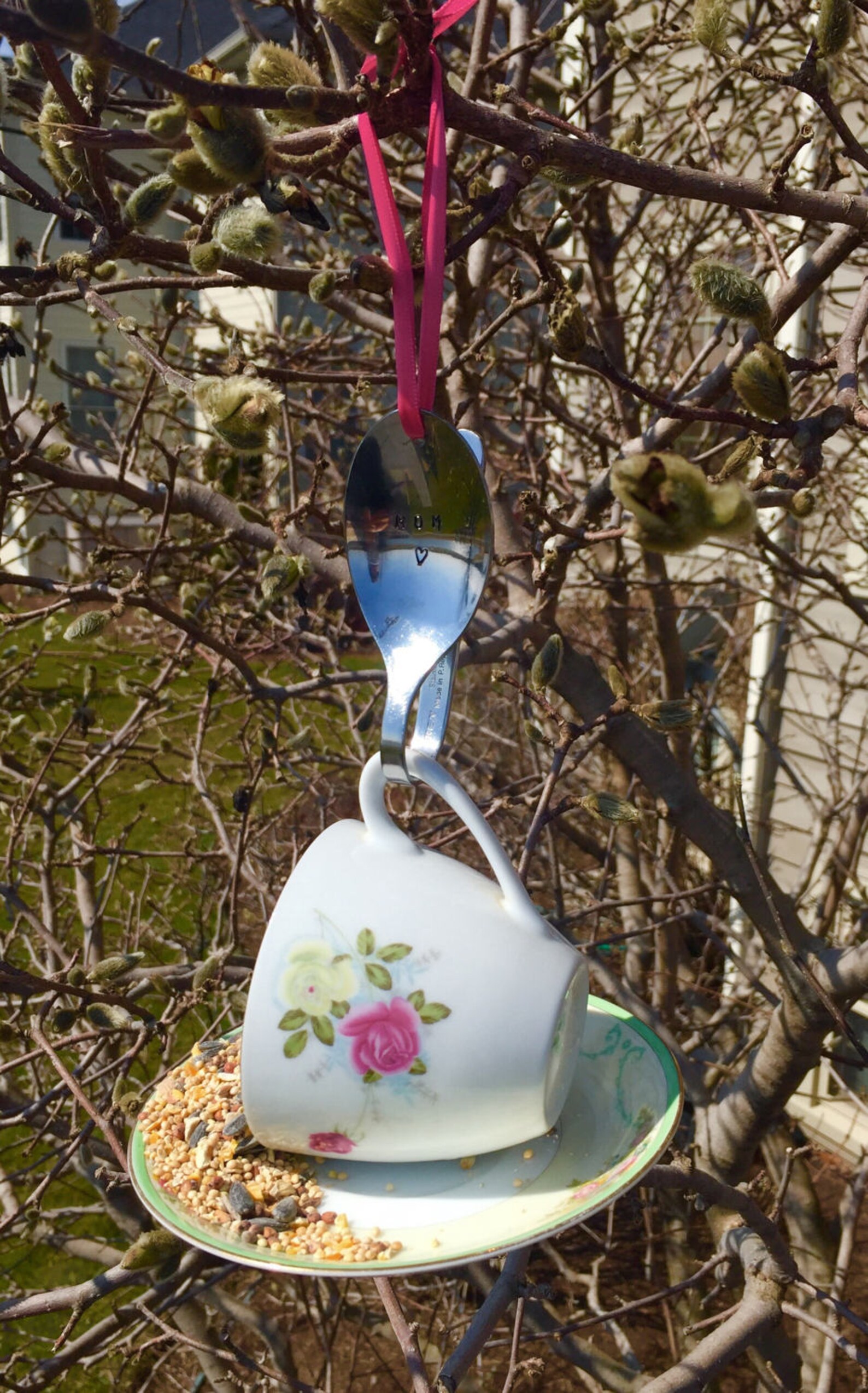 Tea Cup Bird Feeder With Hand Stamped Bent Spoon Perfect Gift Etsy