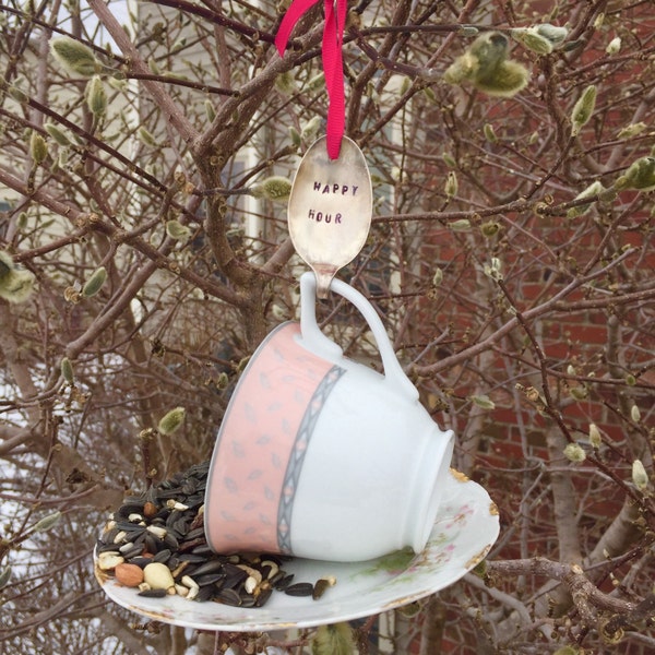 Teacup Bird Feeder with Hand Stamped Bent Spoon- Happy Hour