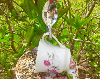 Custom Teacup Bird Feeder with Personalized Stamped Spoon