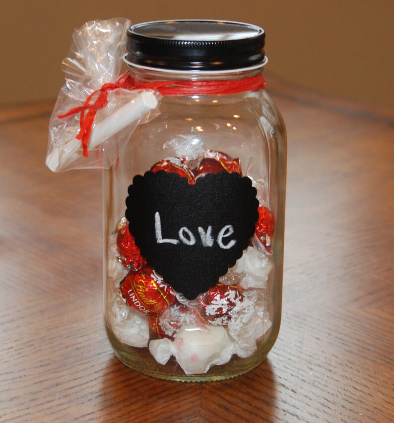 Quart size Mason Jar with Heart Shaped Chalkboard Label, Black Lid and Chalk image 2