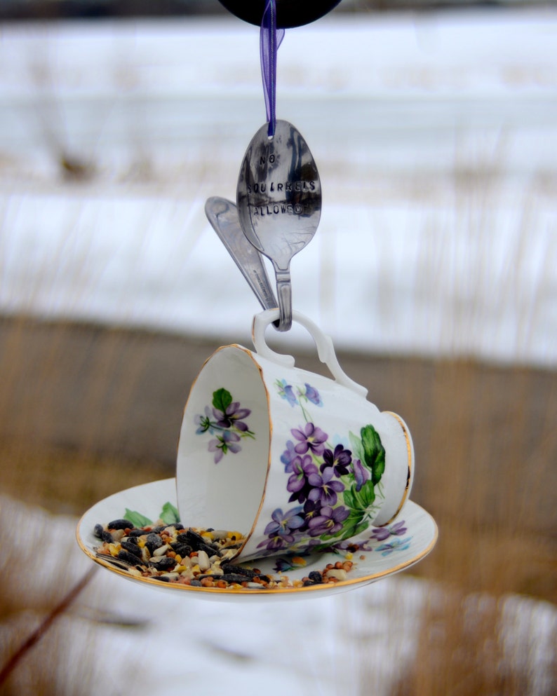 Teacup Bird Feeder with Hand Stamped Bent Spoon-NO SQUIRRELS ALLOWED image 5