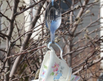 Teacup Bird Feeder with Hand Stamped Bent Spoon- GARDEN PARTY- Perfect  Mother's Day Gift