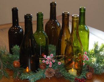 Set of 7 Hand Cut Wine Bottle Hurricane Candles- Perfect for your Holiday table