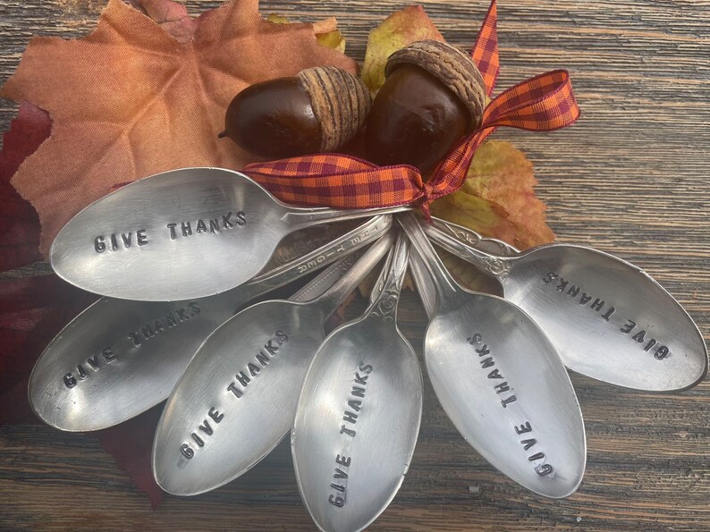 GIVE THANKS silver plate Napkin Holder Vintage Hand Stamped Bent Spoons Set of 6-Perfect for the Thanksgiving Table image 4