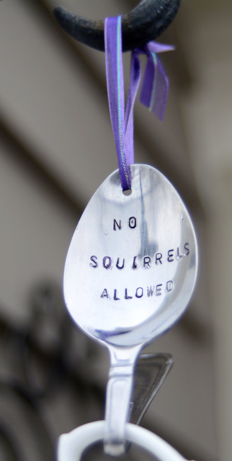 Teacup Bird Feeder with Hand Stamped Bent Spoon-NO SQUIRRELS ALLOWED image 4