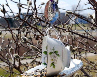 Teacup Bird Feeder with Hand Stamped Bent Spoon- HOME TWEET HOME- Perfect Housewarming Gift