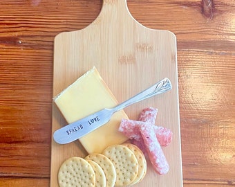 Adorable Wood Cheese Board with chalkboard hearts and Hand Stamped knife