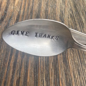 GIVE THANKS silver plate Napkin Holder Vintage Hand Stamped Bent Spoons Set of 6-Perfect for the Thanksgiving Table image 3