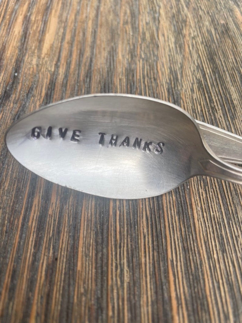 GIVE THANKS silver plate Napkin Holder Vintage Hand Stamped Bent Spoons Set of 6-Perfect for the Thanksgiving Table image 3