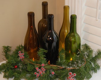 Set of 5 Hand Cut Wine Bottle Hurricane Candles- Perfect for the Holiday Table