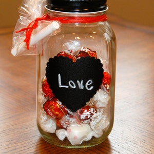 Quart size Mason Jar with Heart Shaped Chalkboard Label, Black Lid and Chalk image 3