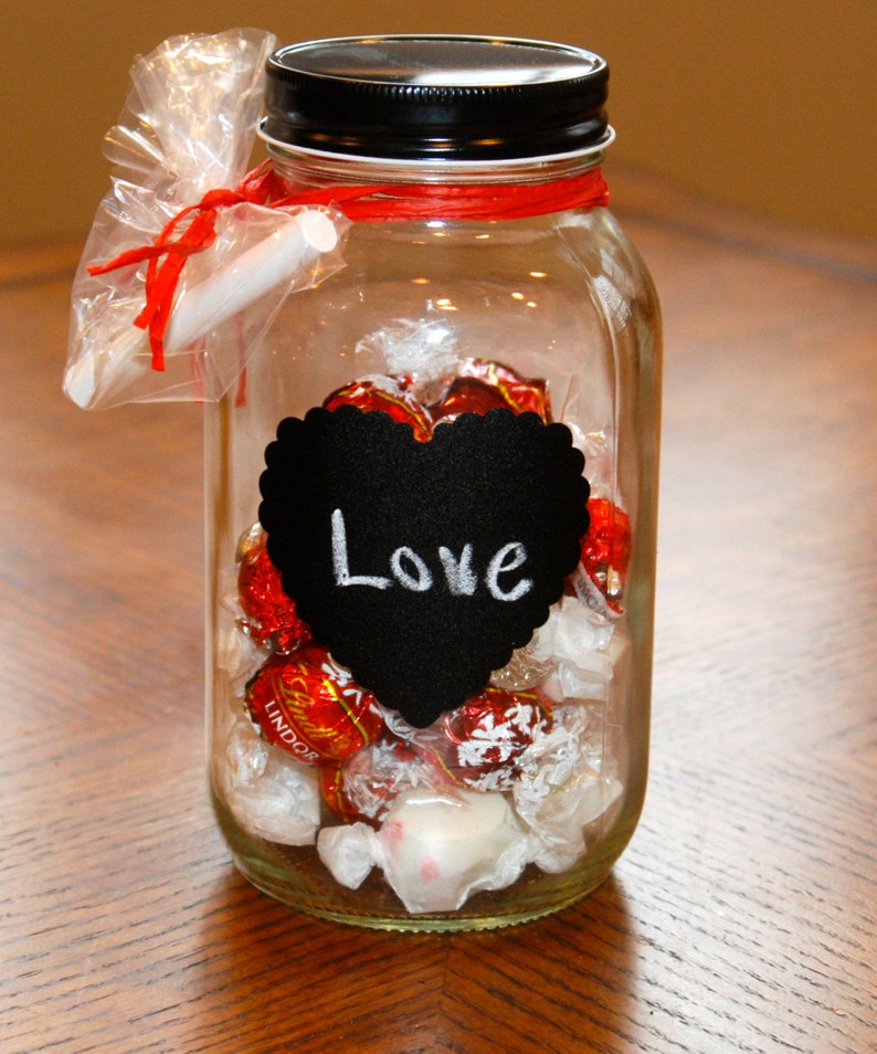 Quart size Mason Jar with Heart Shaped Chalkboard Label, Black Lid and Chalk image 3