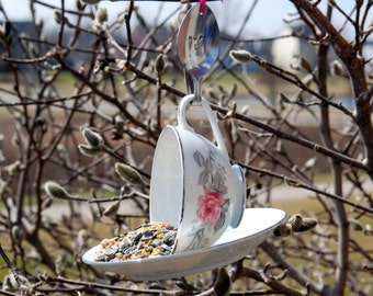 Teacup Bird Feeder with Hand Stamped Bent Spoon- HOPE-