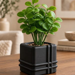 May include: A vibrant green artificial plant with rounded leaves potted in a matte black square planter. The planter features a raised grid-like pattern of horizontal and vertical lines wrapping around its exterior surface.