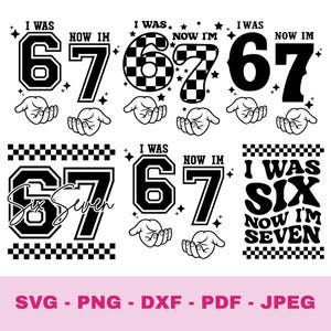 Könnte beinhalten: Eine Sammlung von sechs schwarz-weißen digitalen Designs mit dem Text I WAS und NOW I'M sowie den Zahlen 6 und 7, inklusive Schachbrettmustern, Sternakzenten und Illustrationen offener Hände, mit den Dateiformaten am unteren Rand.