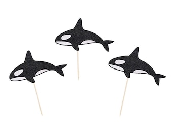 Orca Cupcake Toppers - Black Glitter - Whale Cupcake Toppers - Killer Whale Cupcake Toppers