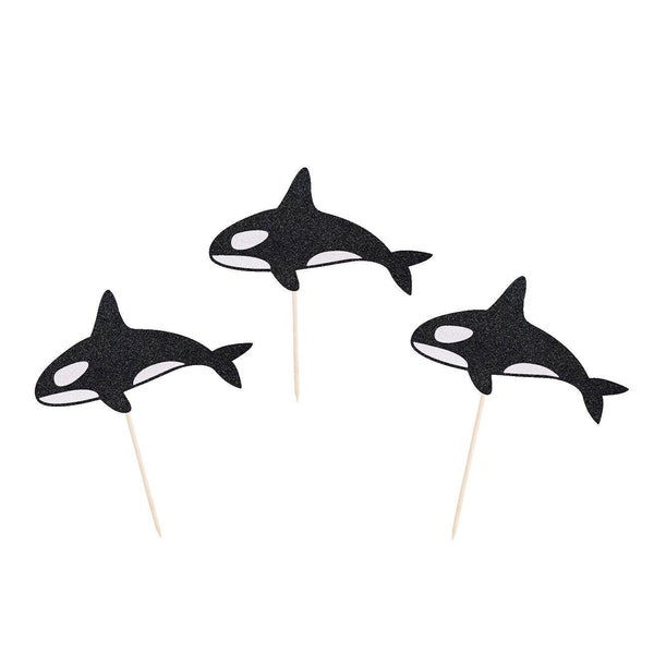 Orca Cupcake Toppers - Black Glitter - Whale Cupcake Toppers - Killer Whale Cupcake Toppers