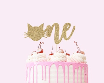 Cat One Cake Topper - Glitter - First Birthday. Smash Cake Topper. Birthday Party. First Birthday. 1st Birthday. First Year. Cat Theme Party