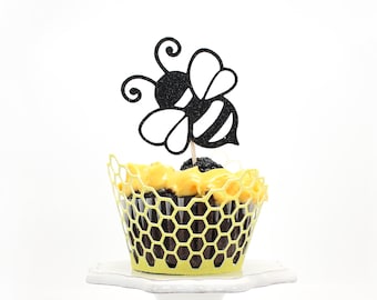 Bee Cupcake Toppers - Glitter - Bumble Bee Birthday. Bee Party Decor. What Will It Bee Baby Shower. Mommy to Bee Party. 1st Bee Day.