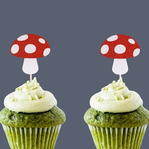 Mushroom Cupcake Toppers - Glitter - Woodland Birthday Party - Cottage Core Party Theme