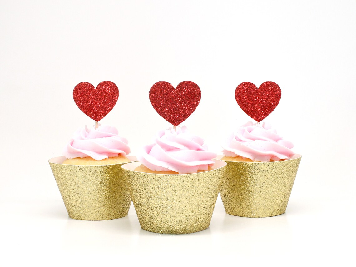 Heart Cupcake Toppers Red Glitter First Birthday Party. Etsy