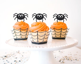 Spider Cupcake Toppers - Black Glitter - 12 Toppers - Halloween Party Decorations. Halloween Cupcake Toppers. Spider Party.