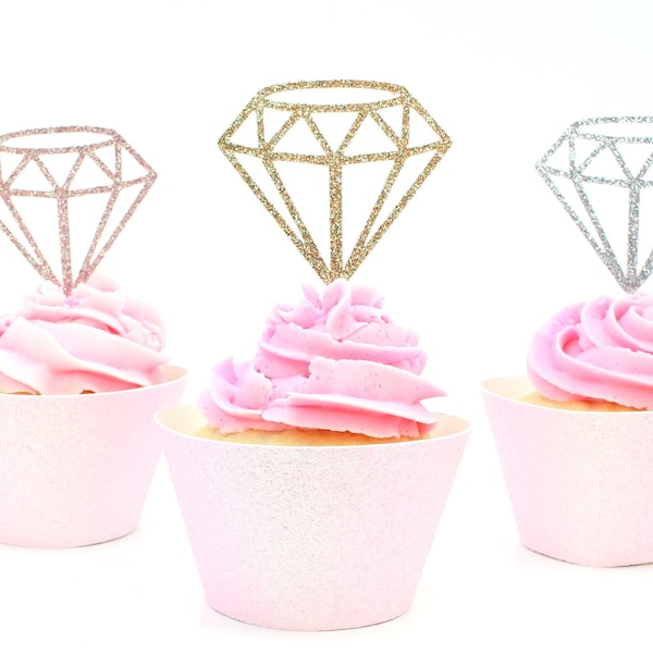 Diamond Cupcake Toppers - Paillettes - Enterrement de vie de jeune fille. Décor de fête de fiançailles. Hauts de forme de beignet de diamant.