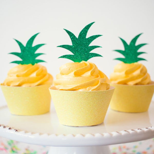 Haut de forme ananas pour cupcakes - Paillettes vertes - 12 hauts de forme - Décorations de fête tropicales. Hauts de forme de Cupcake ananas. Décor de fête Fiesta.