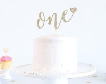One Cake Topper with heart - Glitter - First Birthday. One Cake Topper. Smash Cake Topper. First Anniversary. 1st Birthday. 1 Cake Topper.