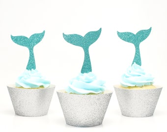 Whale Tail Cupcake Toppers - Aqua Glitter - Mermaid Party Decorations. Under the Sea Party Decor.