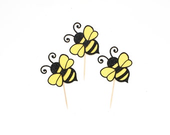 Bee Cupcake Toppers - Glitter - Mommy to Bee Party. 1st Bee Day. Bumble Bee Birthday Party Decorations. What Will It Bee Baby Shower.